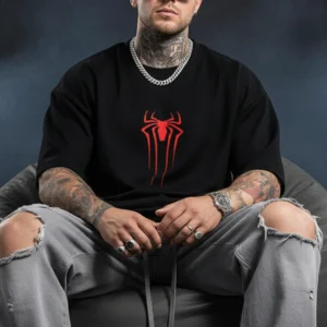 Spiderman Black Oversized Back Typographic Printed T-shirt